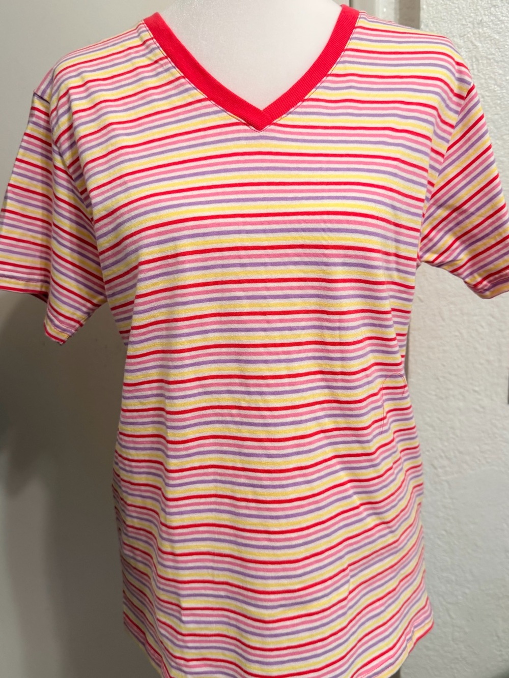 Hanes Cotton Pink, Yellow & White Striped V-Neck Tee